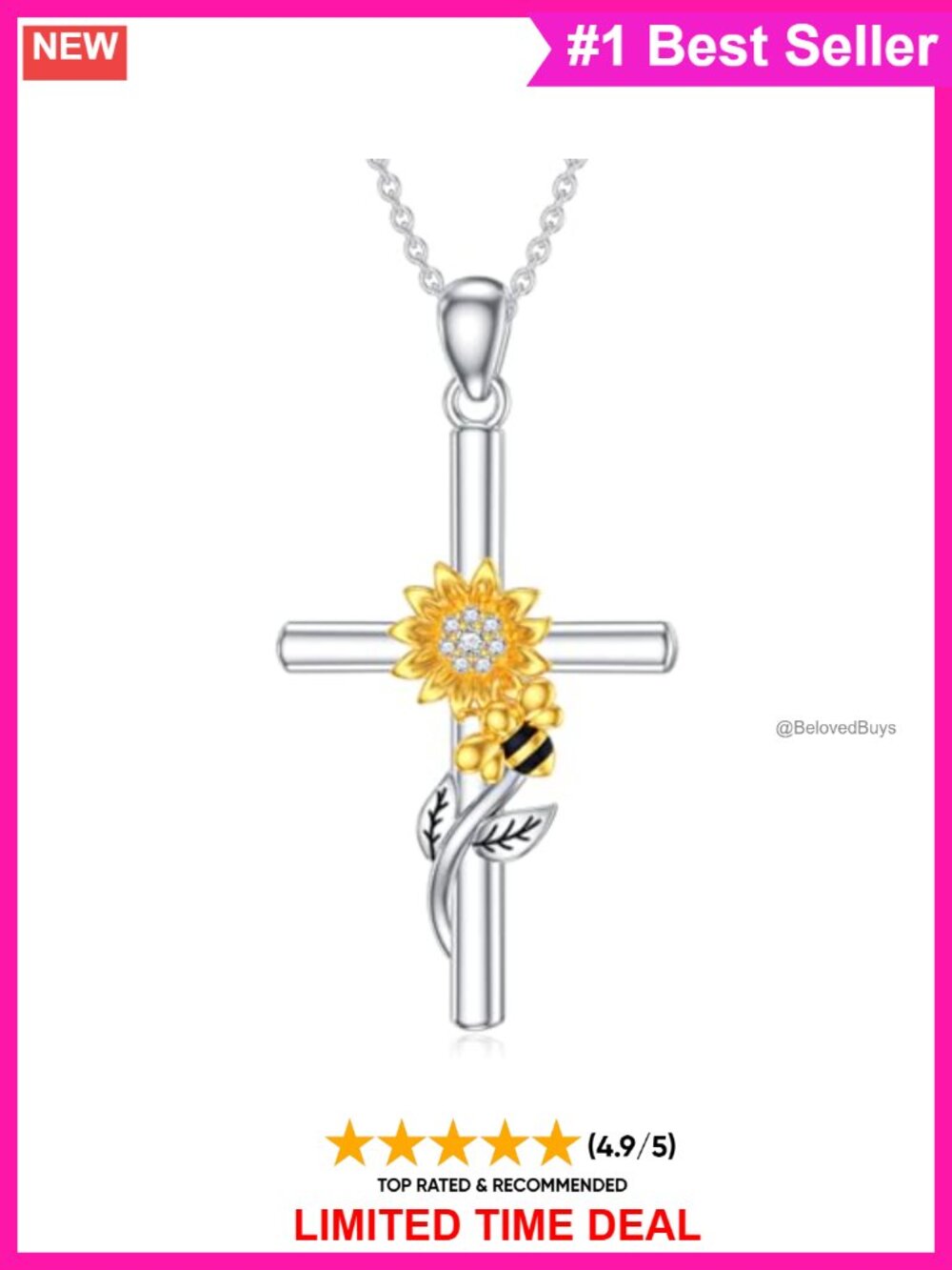 Sterling Silver Sunflower Cross Necklace Lab Grown Diamond Pendant
